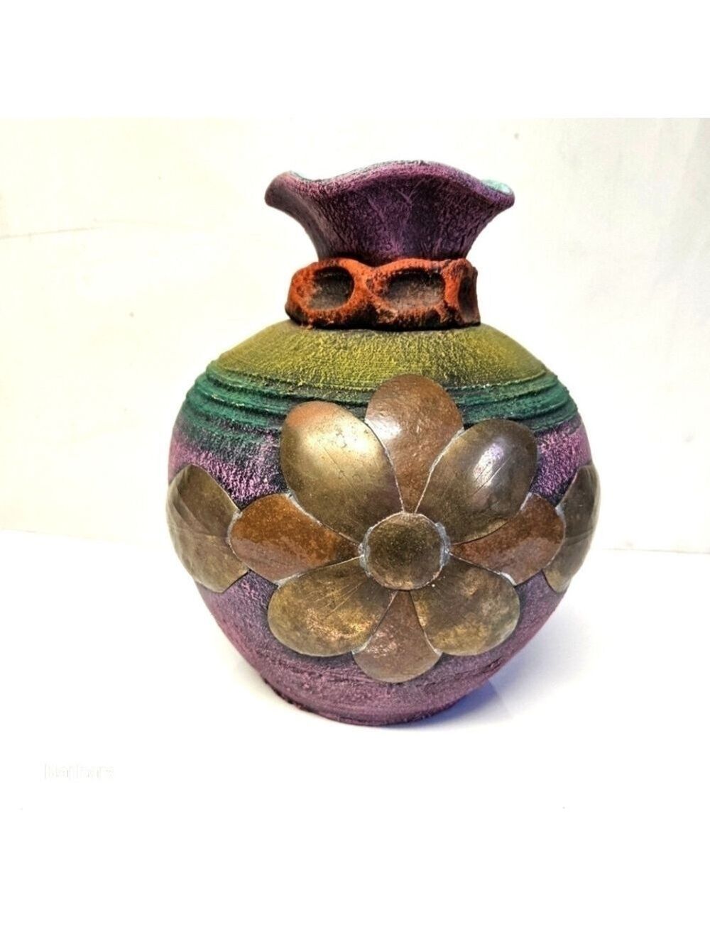 Vintage Mexican Handmade Mixed Media with Brass Floral Inlay Incense Chiminea